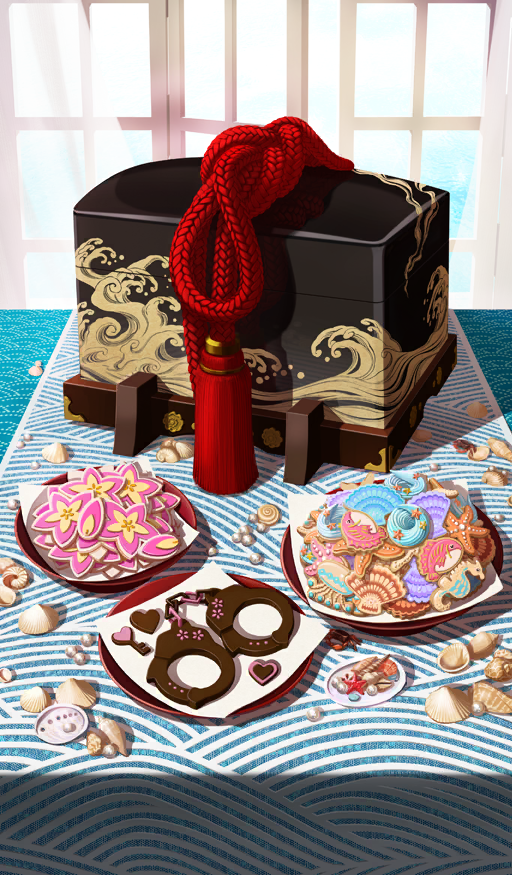 akitaken_(non_faciem) box candy chocolate chocolate_heart clam_shell commentary conch cookie cowry_shell crab cuffs fate/grand_order fate_(series) fish food food_art food_focus gem handcuffs heart heart-shaped_food icing indoors no_humans official_art oyster pearl_(gemstone) plate rope scallop seahorse seashell shell starfish still_life tassel third-party_source window