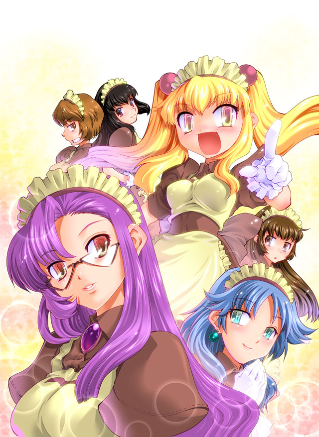 6+girls apron black_hair blonde_hair blossom_(ragnarok_online) blue_eyes blue_hair breasts brown_dress brown_eyes brown_hair closed_mouth collared_dress commentary_request curly_sue dress earrings gem glasses gloves hair_between_eyes hair_bobbles hair_ornament jasmine_(ragnarok_online) jewelry kafra_uniform large_breasts leilah_(ragnarok_online) long_hair looking_at_viewer looking_back looking_to_the_side maid_apron maid_headdress medium_hair mizuki_hitoshi multiple_girls open_mouth pavianne_(ragnarok_online) ponytail puffy_short_sleeves puffy_sleeves purple_hair ragnarok_online red_eyes roxie_(ragnarok_online) short_hair short_sleeves sidelocks smile teeth twintails upper_body waist_apron white_apron white_gloves yellow_background yellow_eyes