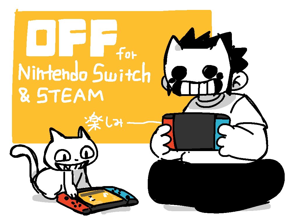 2boys animal black_pants cat commentary_request copyright_name english_text grin handheld_game_console holding holding_handheld_game_console indian_style karintou_e male_focus mask multiple_boys nintendo_switch off_(game) pants playing_games shirt short_sleeves sitting smile t-shirt teeth the_judge_(off) white_shirt zacharie_(off)