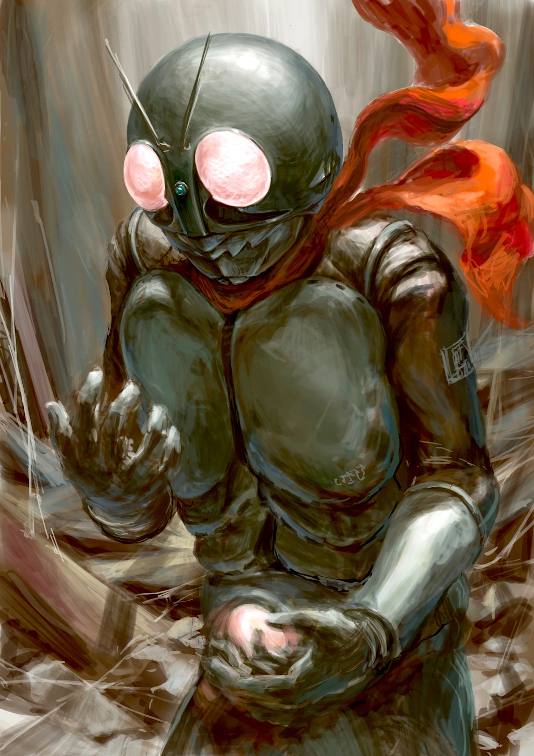 1boy antennae armor belt compound_eyes gloves glowing glowing_eyes green_armor highres kamen_rider kamen_rider_(1st_series) kamen_rider_1 male_focus red_scarf rider_belt scarf solo tokusatsu typhoon_(kamen_rider) youkoumori