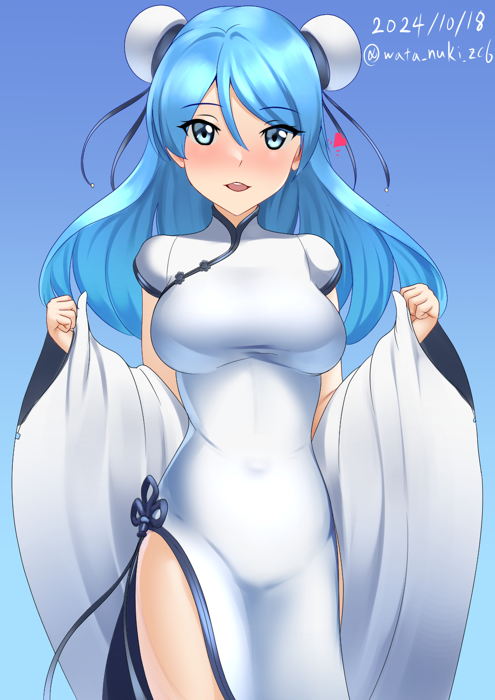 1girl blue_background blue_eyes blue_hair blush breasts china_dress chinese_clothes cowboy_shot dated detached_sleeves double_bun dress gradient_background hair_bun highres kantai_collection large_breasts long_hair looking_at_viewer open_mouth smile solo twitter_username urakaze_(kancolle) wata_nuki white_dress wide_sleeves