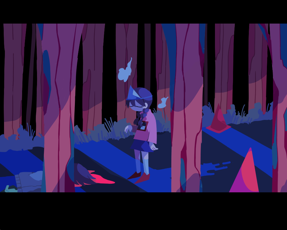 1boy 1girl blood blue_pants blue_skirt braid brown_hair closed_eyes colored_skin commentary_request corpse face_down facing_another forest green_skin grey_socks grey_sweater hair_over_shoulder hand_up hitodama kneehighs letterboxed long_hair long_sleeves lying madotsuki nature on_stomach outdoors pants pink_sweater pool_of_blood print_sweater road shitaisan shoes skirt socks suyazzz_(soyoyon) sweater traffic_cone triangular_headpiece turtleneck turtleneck_sweater twin_braids wide_shot yume_nikki