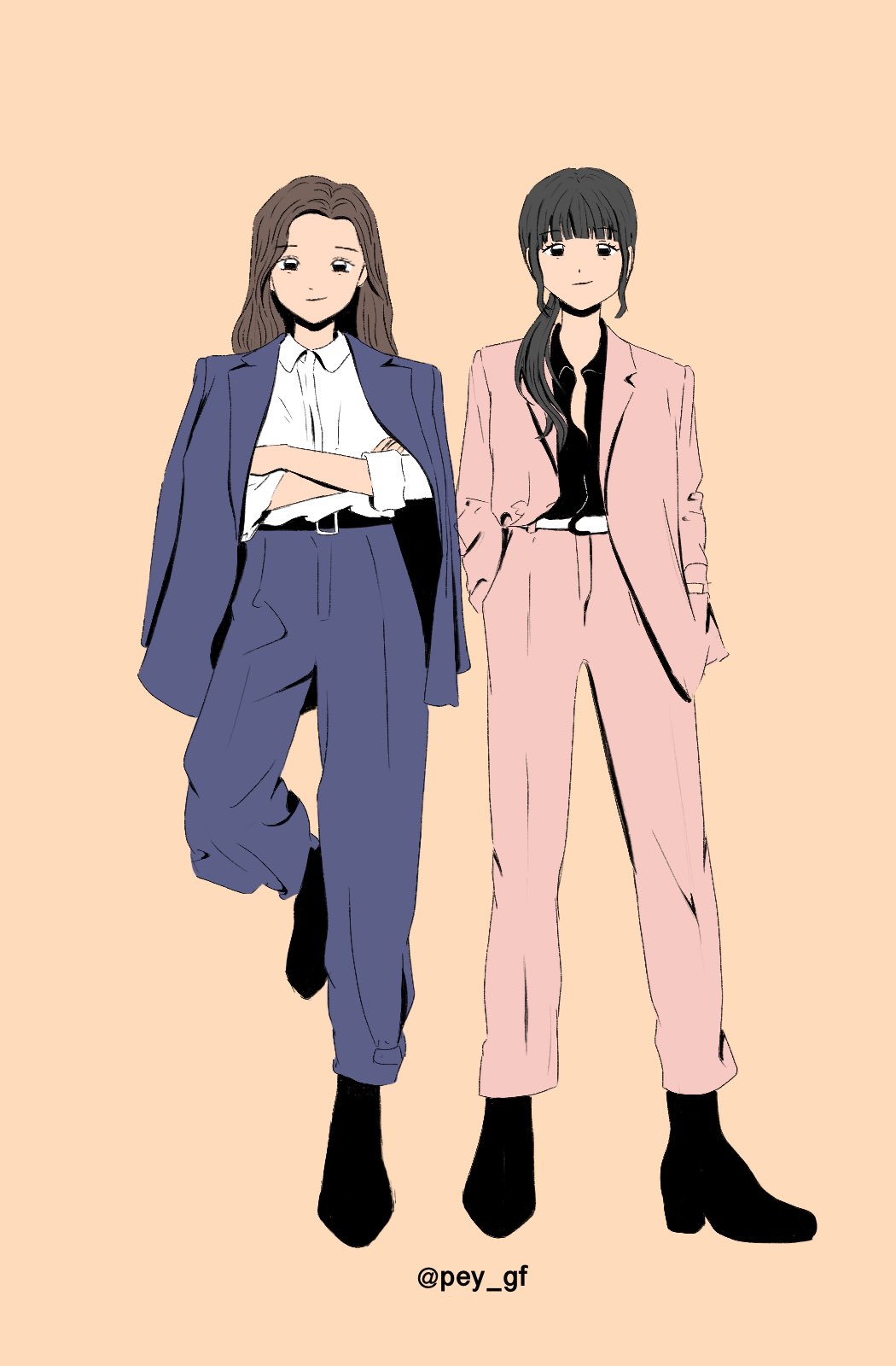 2girls black_footwear blue_suit brown_hair commentary crossed_arms formal_clothes full_body gfriend hands_in_pockets highres jacket jacket_on_shoulders k-pop looking_at_viewer multiple_girls orange_background pey_gf pink_suit real_life shirt side_ponytail sidelocks simple_background smile sowon_(gfriend) suit twitter_username white_shirt yuju_(gfriend)