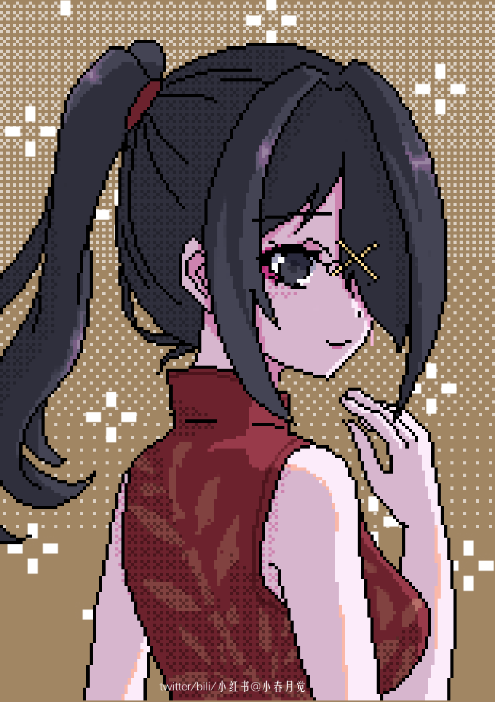 1girl ame-chan_(needy_girl_overdose) black_eyes black_hair bow chest_bow china_dress chinese_clothes dithering dress from_behind hair_bow hair_ornament hair_over_one_eye hair_tie hand_up high_ponytail highres koharustuki looking_at_viewer needy_girl_overdose pixel_art ponytail red_dress sidelocks solo upper_body x_hair_ornament