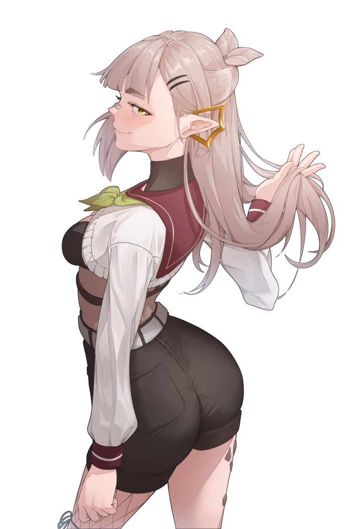 1girl artist_request ass breasts elf from_above from_behind green_eyes hair_ornament hairclip half_updo long_hair looking_at_viewer medium_breasts original platinum_blonde_hair pointy_ears short_shorts shorts sideboob smile solo