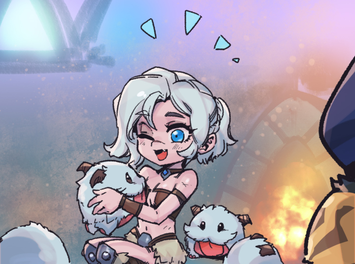 1girl ;d animal bare_shoulders blue_eyes blush grey_hair holding holding_animal horns league_of_legends multicolored_background navel one_eye_closed open_mouth phantom_ix_row poro_(league_of_legends) sejuani shiny_skin short_hair sitting smile solo_focus tongue tongue_out