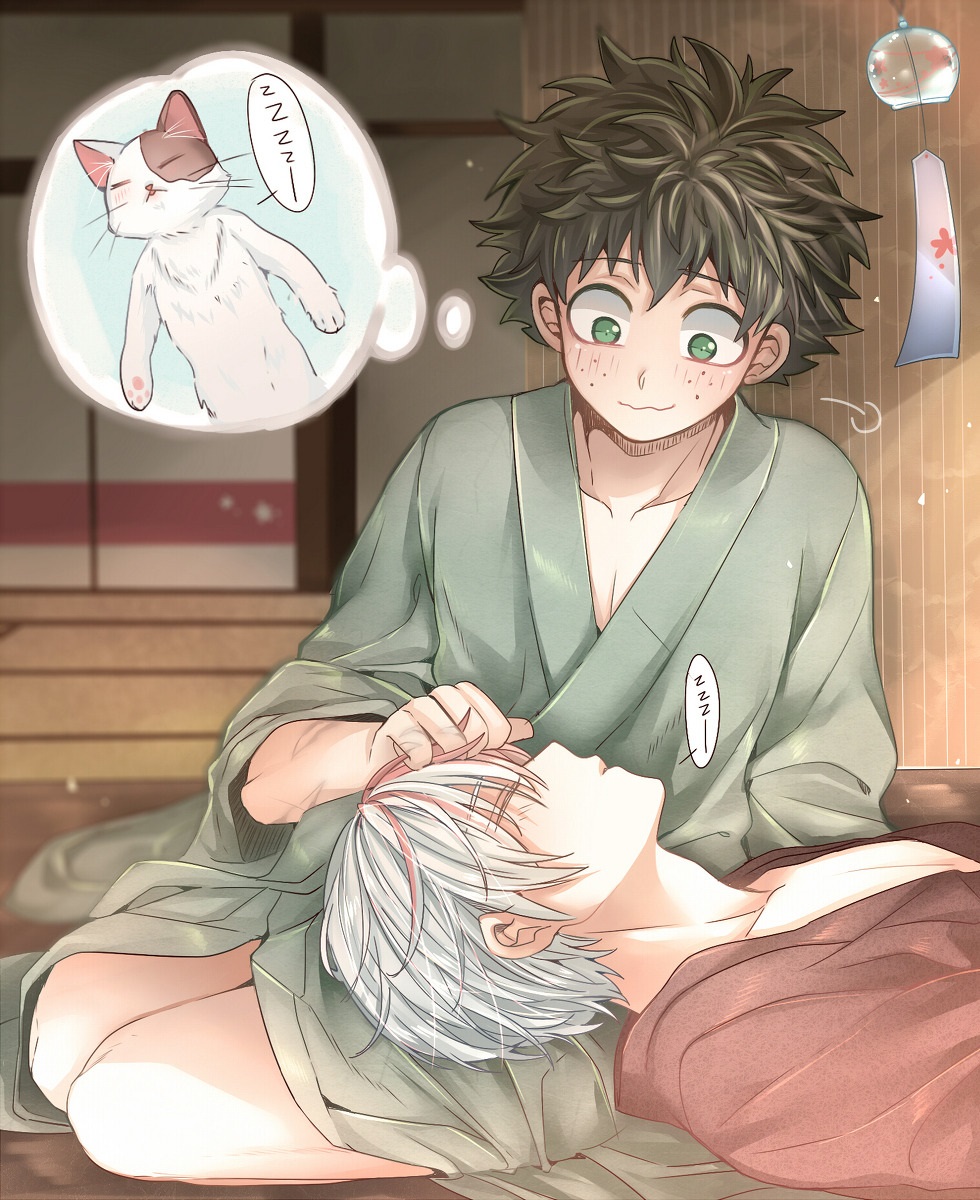 bare_legs blush boku_no_hero_academia bones_(company) carying cat curly_hair freckles green_hair highres indoors japanese_clothes kimono lap_pillow legs lying lying_on_lap midoriya_izuku mikan multicolored_hair red_hair scar scar_on_arm short_hair shounen_jump shoutocat sleeping tododeku todoroki_shouto two-tone_hair wavy_mouth white_hair yaoi yukata