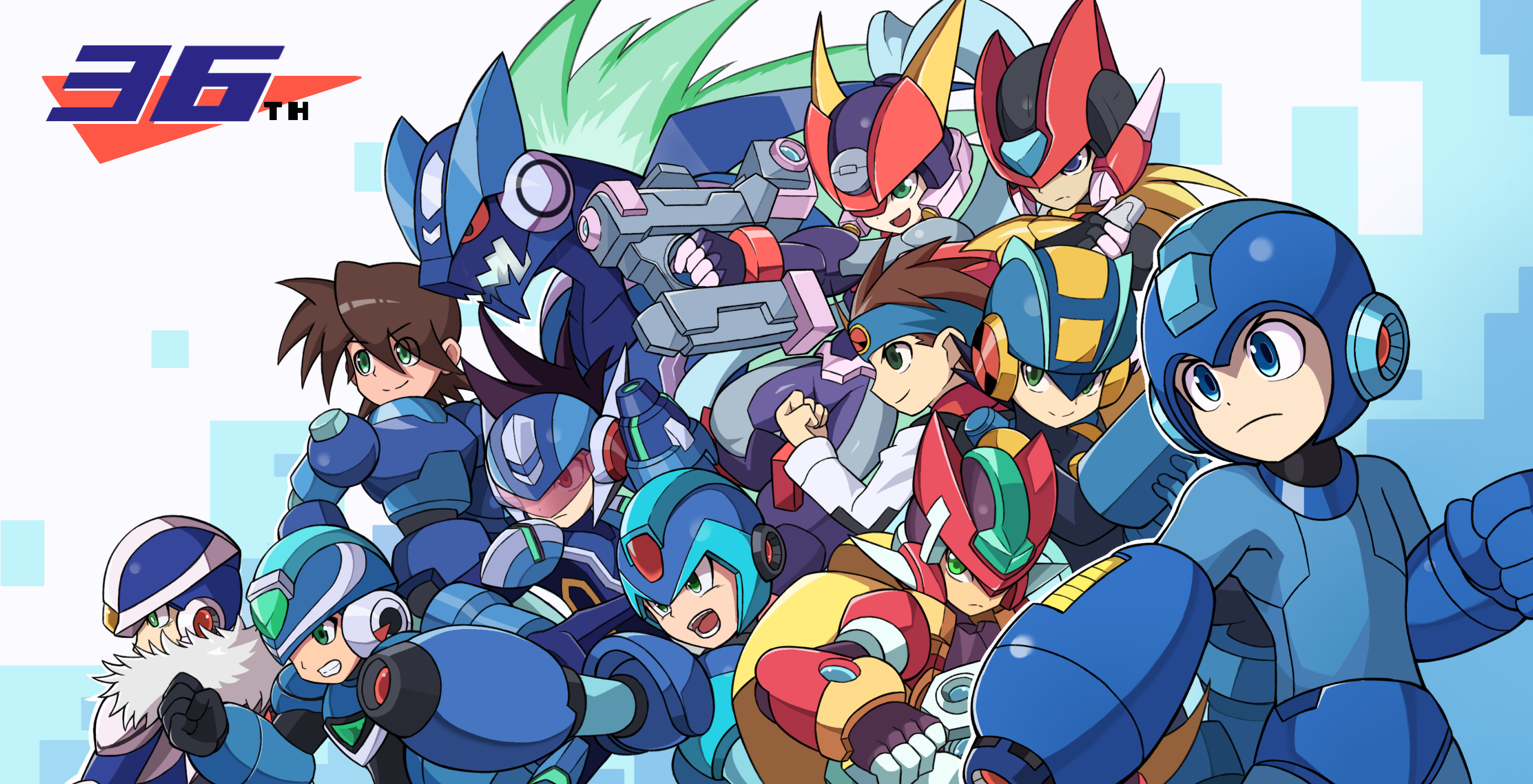 1girl 6+boys anniversary arm_cannon armor ashe_(mega_man) black_bodysuit blonde_hair blue_eyes blue_headwear blue_helmet bodysuit dark-skinned_male dark_skin dual_wielding everyone forehead_jewel geo_stelar_(mega_man) green_eyes gun head-mounted_display helmet highres holding holding_gun holding_weapon in-franchise_crossover lan_hikari_(mega_man) long_hair mega_man_(character) mega_man_(series) mega_man_battle_network_(series) mega_man_legends_(series) mega_man_star_force_(series) mega_man_volnutt mega_man_x_(series) mega_man_zero_(series) mega_man_zx mega_man_zx_advent megaman.exe megaman_(pachislot_rockman_ability) model_a_(mega_man) model_zx_(mega_man) multiple_boys omega-xis_(mega_man) over-1_(mega_man) pachislot_rockman_ability power_armor red_headwear red_helmet rockman_xover shoyu-z smile star_force_mega_man vent_(mega_man) weapon x_(mega_man) z_saber zero(z)_(mega_man) zero_(mega_man)