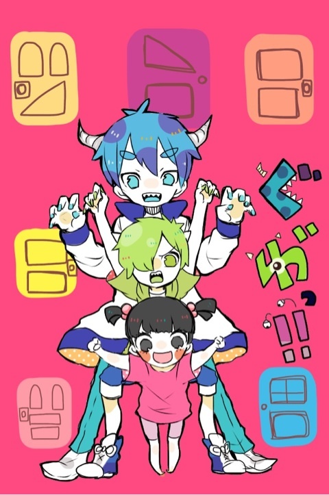 1girl 2boys blue_eyes blue_hair boo_(monsters_inc.) brown_hair child commentary_request dress green_eyes green_hair hair_over_one_eye horns james_p._sullivan mike_wazowski monsters_inc. multiple_boys necktie one-eyed open_mouth personification repikinoko sharp_teeth short_hair short_twintails smile teeth twintails