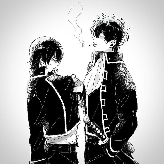 2boys ascot belt cigarette clothes_grab commentary_request cowboy_shot gintama hijikata_toushirou jacket jacket_grab katana monochrome multiple_boys partial_commentary scabbard se0h sheath shinsengumi_(gintama) smoke smoke_trail smoking sword weapon yamazaki_sagaru