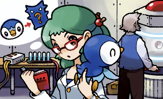 1boy 1girl ? ^_^ bird black_pants book breasts closed_eyes commentary english_commentary eo_kanako gen_4_pokemon glasses green_hair grey_hair holding holding_book holding_pokemon indoors laboratory long_sleeves medium_hair nintendo official_art old old_man on_shoulder open_book pants piplup pokemon pokemon_(creature) pokemon_dppt pokemon_on_shoulder pokemon_tcg roseanne_(pokemon) professor_rowan scientist small_breasts third-party_source