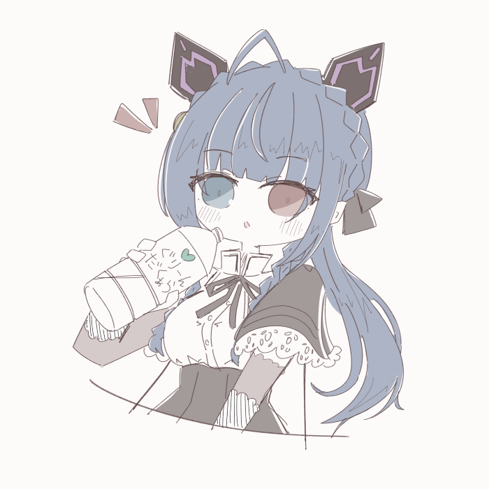 1girl ahoge animal_ears assault_lily black_capelet black_ribbon black_skirt blue_eyes blue_hair blush bottle braid breasts buttons capelet cat_ears commentary_request cropped_torso crown_braid detached_sleeves fake_animal_ears gloves grey_background hand_up heterochromia high-waist_skirt holding holding_bottle long_hair long_sleeves looking_at_viewer low_twin_braids medium_breasts neck_ribbon nogamo notice_lines parted_lips red_eyes ribbon school_uniform shirt simple_background skirt solo tetsukawa_toa twin_braids upper_body water_bottle white_gloves white_shirt yurigaoka_girls_academy_school_uniform