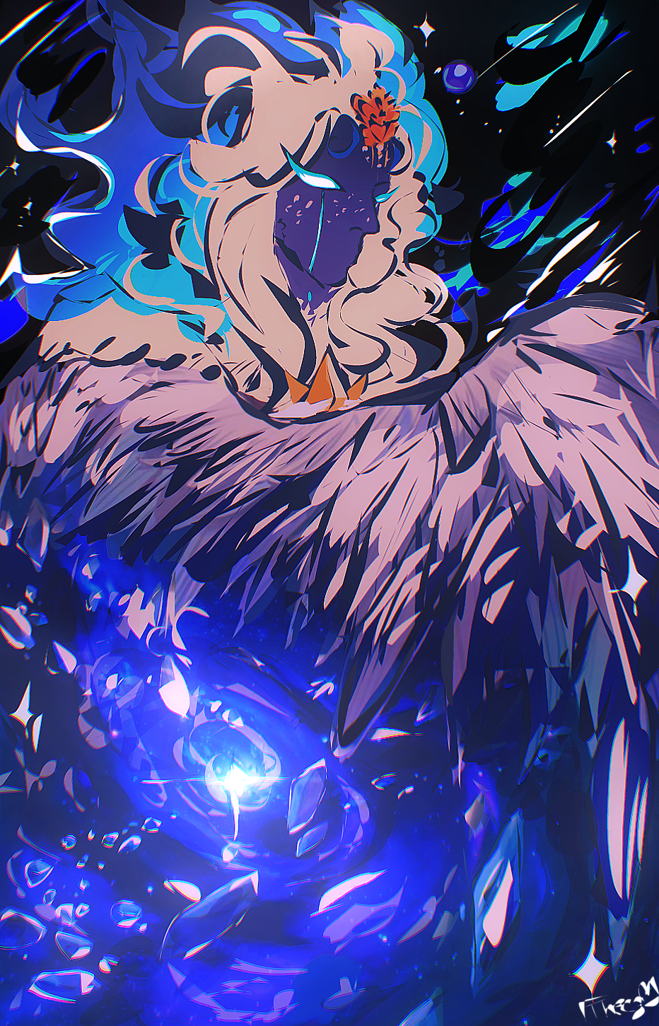 1boy blue_hair blue_skin colored_skin cookie_run cookie_run:_kingdom feathered_wings highres male_focus multicolored_hair solo stardust_cookie the0reoz two-tone_hair white_hair wings