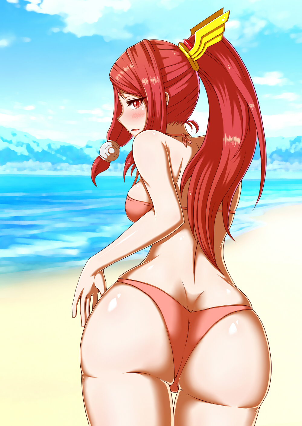 1girl artist_request ass back bare_shoulders bikini blazblue blue_sky blush bra breasts butt_crack embarrassed female_focus from_behind hair_ornament hair_tubes highres huge_ass izayoi_(blazblue) long_hair looking_at_viewer looking_back medium_breasts ocean open_mouth panties parted_lips ponytail red_eyes red_hair shiny_skin sideboob sky solo swimsuit tsubaki_yayoi underwear