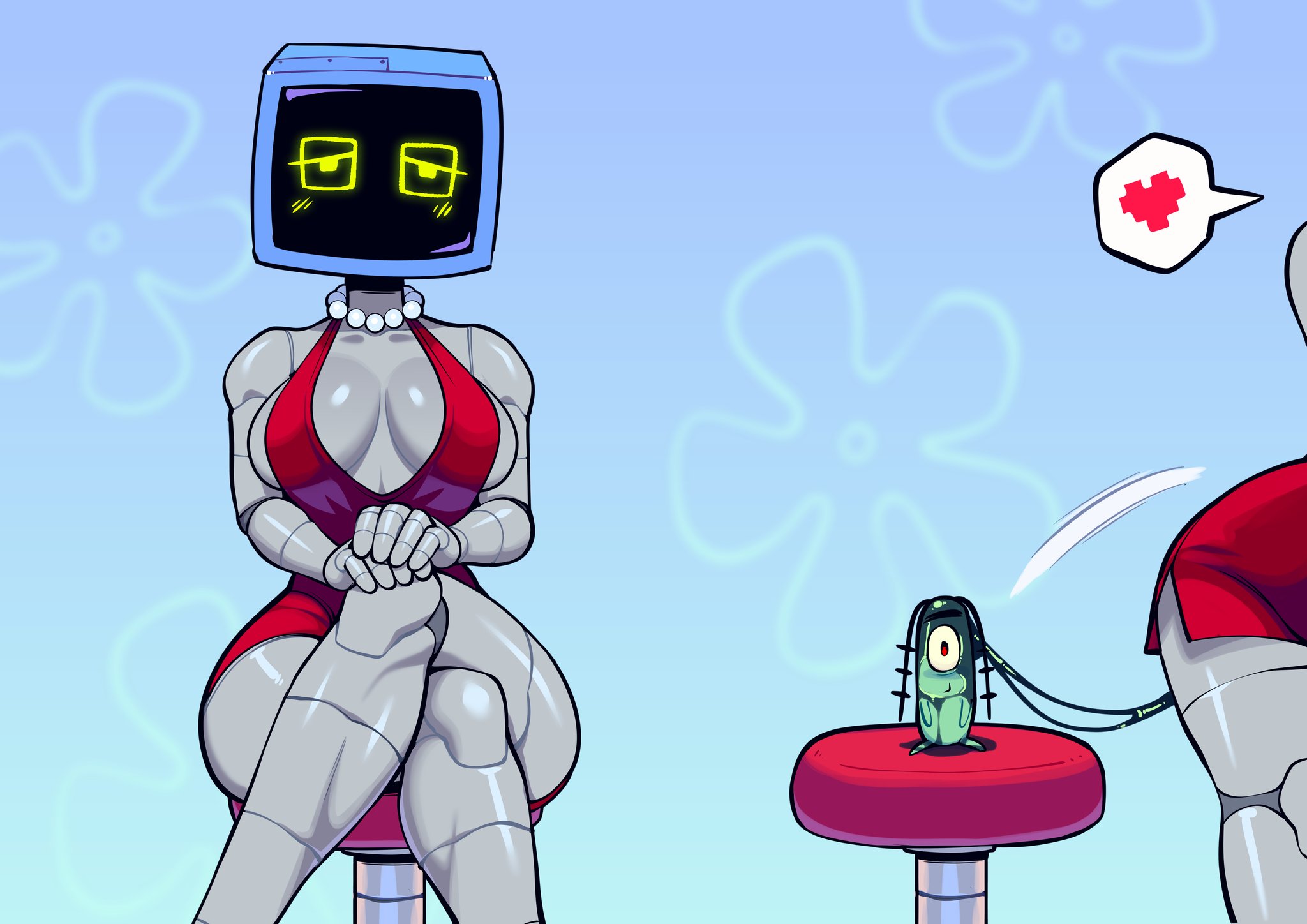 1boy 1girl bead_necklace beads breasts butter_sugoi crossed_arms dildo_reveal gradient_background heart highres jewelry karen_(spongebob) large_breasts necklace plankton_(spongebob) pussy_juice robot_girl spoken_heart spongebob_squarepants_(series) stool