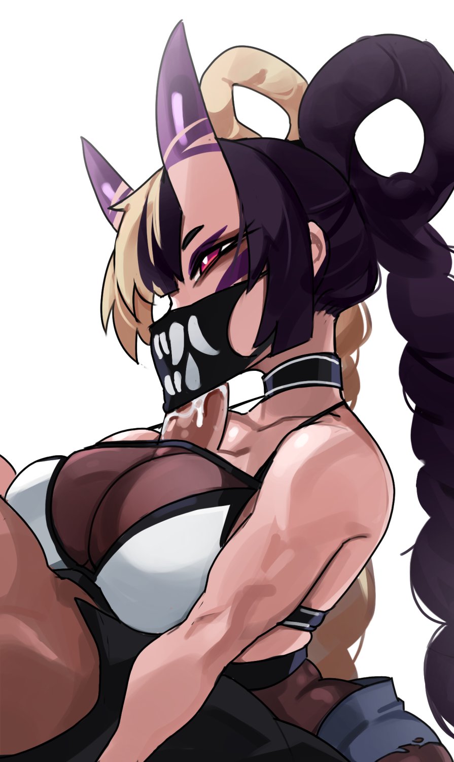1boy 1girl after_paizuri ayaka_(athighhighguy) black_choker black_hair black_mask blonde_hair bloom bra braid breasts choker cleavage commentary commission cum cum_in_mouth cum_overflow from_side hair_rings highres horns large_breasts long_hair mask mouth_mask multicolored_hair original paizuri purple_hair red_eyes see-through_cleavage see-through_clothes simple_background smile symbol-only_commentary teeth_print_mask twin_braids two-tone_hair underwear very_long_hair white_background white_bra zanamaoria