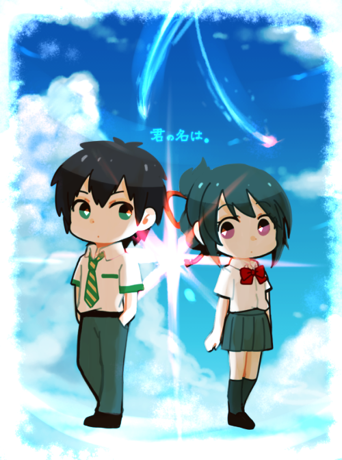 black_footwear black_hair bow collared_shirt diagonal-striped_clothes diagonal-striped_necktie green_eyes green_necktie grey_pants grey_socks hair_ribbon hand_in_pocket iceykm kimi_no_na_wa. miyamizu_mitsuha multicolored_eyes necktie pants pleated_skirt ponytail purple_eyes red_bow red_ribbon ribbon shirt short_hair skirt socks striped_clothes t-shirt tachibana_taki translation_request two-tone_eyes white_shirt