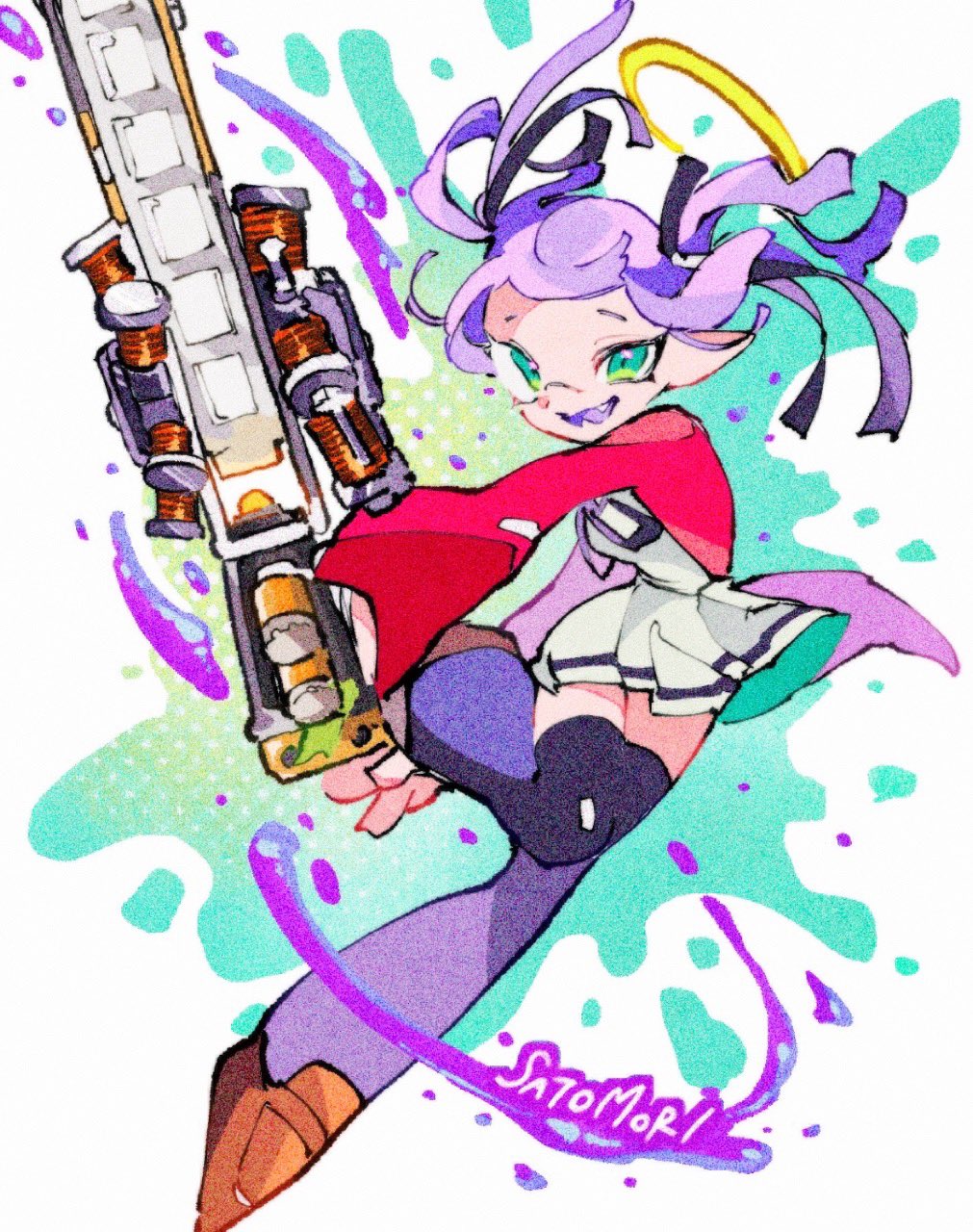1girl :d artist_name black_ribbon blue_thighhighs bokusatsu_tenshi_dokuro-chan brown_shoes colored_tongue commentary_request cosplay fangs film_grain floating_hair full_body green_eyes grizzco_splatana_(splatoon) hair_ribbon halo highres holding holding_weapon inkling inkling_girl inkling_player_character jacket loafers looking_at_viewer mitsukai_dokuro mitsukai_dokuro_(cosplay) nintendo open_clothes open_jacket open_mouth paint_splatter pleated_skirt purple_hair purple_tongue red_jacket ribbon satomori shirt shoes short_twintails skirt skirt_set smile solo splatoon_(series) splatoon_3 standing standing_on_one_leg tentacle_hair thighhighs traditional_halo twintails uneven_eyes weapon white_shirt white_skirt yellow_halo