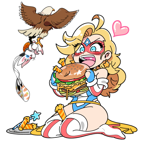 1girl bald_eagle bird blonde_hair breasts burger candle eagle earrings eating eye_mask food heart holding holding_burger holding_food jewelry kafun kamen_america kamen_america_(comic) leotard long_hair looking_at_food parachute rabbit seiza simple_background sitting star_(symbol) star_earrings star_in_mouth superhero_costume teeth tray u.s.a.-g.i. upper_teeth_only white_background