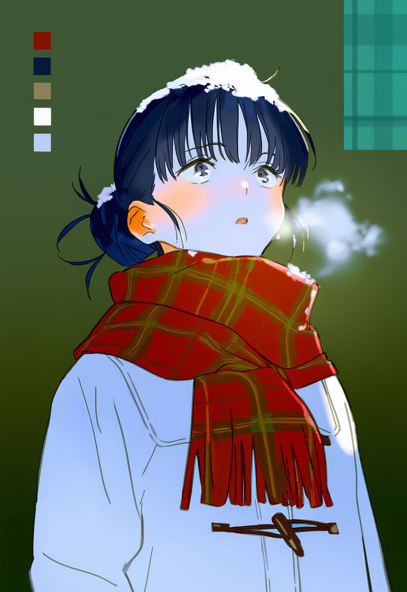 1girl 2hite_skin basori_tiara blue_eyes blue_hair blush ear_blush hair_bun jacket looking_up make_heroine_ga_oo_sugiru! okashi_please open_mouth plaid_clothes plaid_scarf red_scarf scarf snow solo steam_from_mouth white_jacket