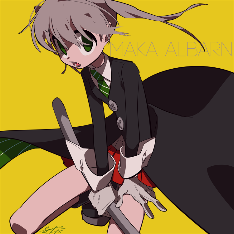 1girl black_coat black_shoes character_name coat gloves green_eyes green_necktie grey_gloves long_sleeves looking_at_viewer maka_albarn necktie open_mouth pleated_skirt red_skirt sameyama_jiro shoes skirt solo soul_eater twintails yellow_background