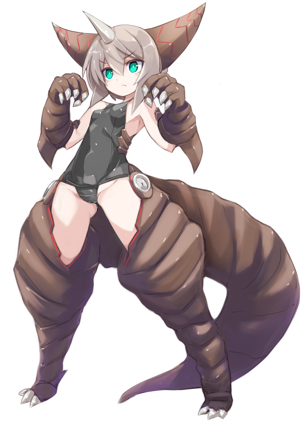 1girl aqua_eyes bare_shoulders black_one-piece_swimsuit breasts cameltoe claws closed_mouth female_focus frown full_body gluteal_fold gomora grey_hair groin hair_between_eyes hands_up highres horns karukan_(monjya) legs_apart monster_girl one-piece_swimsuit short_hair simple_background small_breasts solo standing swimsuit tail ultra_kaijuu_gijinka_keikaku ultra_series v-shaped_eyebrows white_background