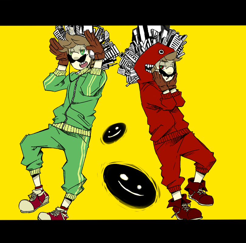 brown_hair facial_hair gloves headphones hood hoodie jacket long_hair looking_at_viewer luigi male_focus mario mario_(series) matryoshka_(vocaloid) multiple_boys mustache nintendo open_mouth parody short_hair suzumecha yellow_background