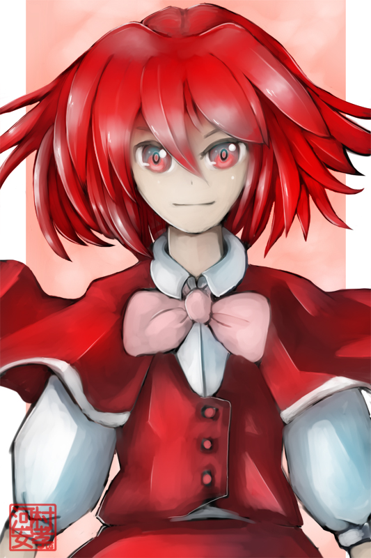 1girl bow capelet dress light_smile long_sleeves looking_at_viewer okazaki_yumemi pink_bow portrait puffy_sleeves red_eyes red_hair shirt short_hair solo studiolg touhou touhou_(pc-98) vest