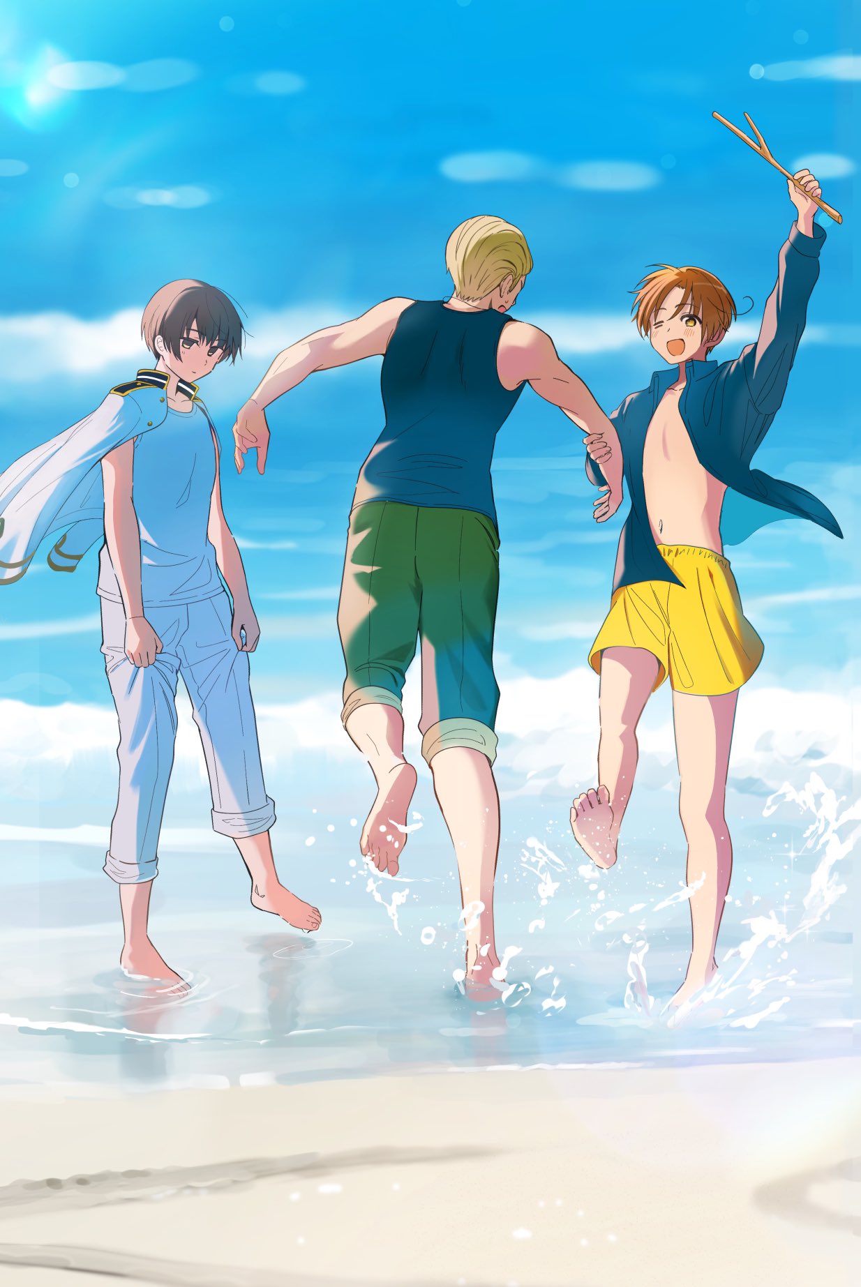 3boys ahoge arm_up axis_powers_hetalia back bare_shoulders barefoot beach black_eyes black_hair black_tank_top blonde_hair blue_shirt blue_sky blurry blurry_background brown_hair closed_mouth cloud cloudy_sky collarbone collared_shirt commentary_request day floating_clothes full_body germany_(hetalia) green_pants hair_between_eyes highres holding holding_stick jacket japan_(hetalia) leg_up long_sleeves looking_at_another looking_at_viewer male_focus military_jacket military_uniform multiple_boys navel northern_italy_(hetalia) ocean one_eye_closed open_clothes open_jacket open_mouth open_shirt outdoors pants reflection reflective_water shirt short_hair shorts sky smile standing standing_on_one_leg stick summer sweatdrop tank_top white_jacket white_pants white_tank_top yellow_eyes yellow_shorts yukinununu