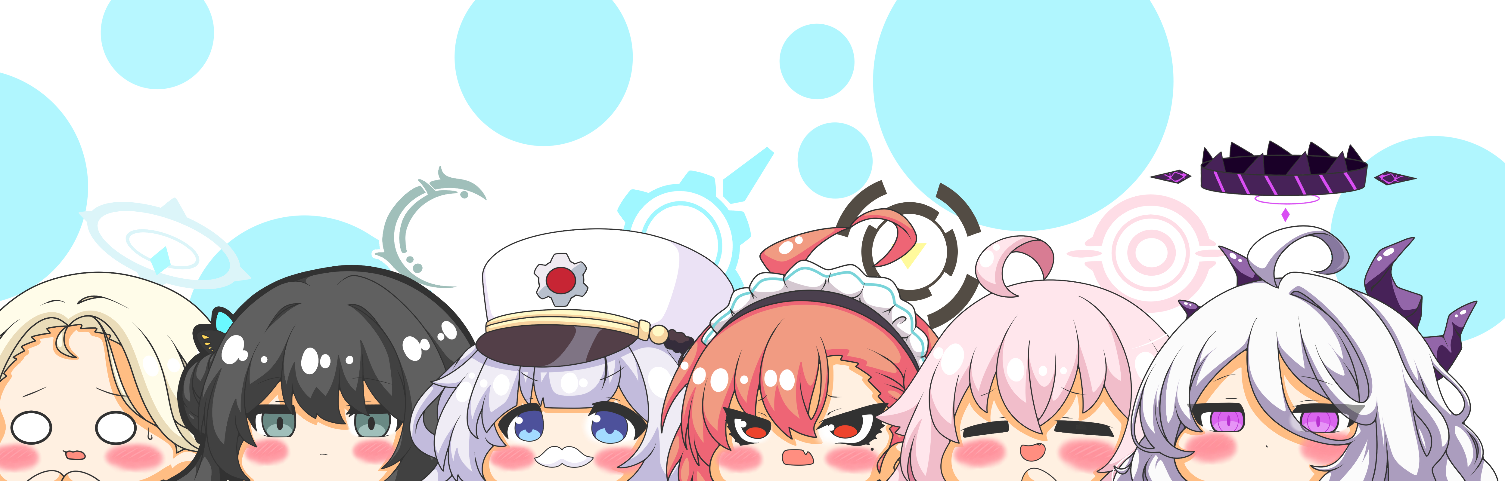 6+girls :d absurdres ahoge black_hair blonde_hair blue_archive blue_eyes blush_stickers brown_hair cherino_(blue_archive) chibi closed_mouth commentary_request fake_facial_hair fake_mustache fang forehead grey_eyes grey_hair hair_between_eyes hair_bun halo hand_up hat highres hina_(blue_archive) horns hoshino_(blue_archive) kisaki_(blue_archive) kurukurumagical maid_headdress mole mole_under_eye multiple_girls neru_(blue_archive) o_o open_mouth parted_bangs peaked_cap purple_eyes red_eyes single_hair_intake single_side_bun smile sora_(blue_archive) sweat v-shaped_eyebrows white_background white_hat