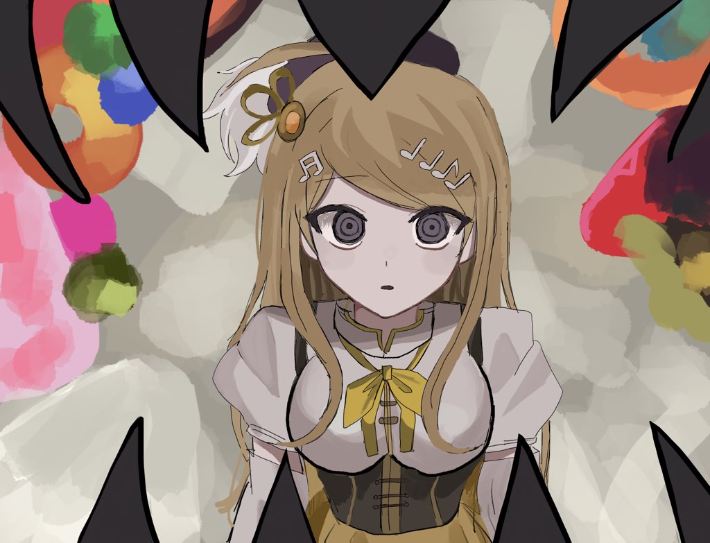 1girl ahoge akamatsu_kaede blonde_hair blush breasts cosplay danganronpa_(series) danganronpa_v3:_killing_harmony egao_(nsazrs) fortissimo hair_ornament large_breasts long_hair long_sleeves looking_at_viewer mahou_shoujo_madoka_magica mami_mogu_mogu musical_note musical_note_hair_ornament open_mouth puffy_short_sleeves puffy_sleeves sharp_teeth shirt short_sleeves teeth tomoe_mami tomoe_mami_(cosplay) tomoe_mami_(magical_girl) white_shirt