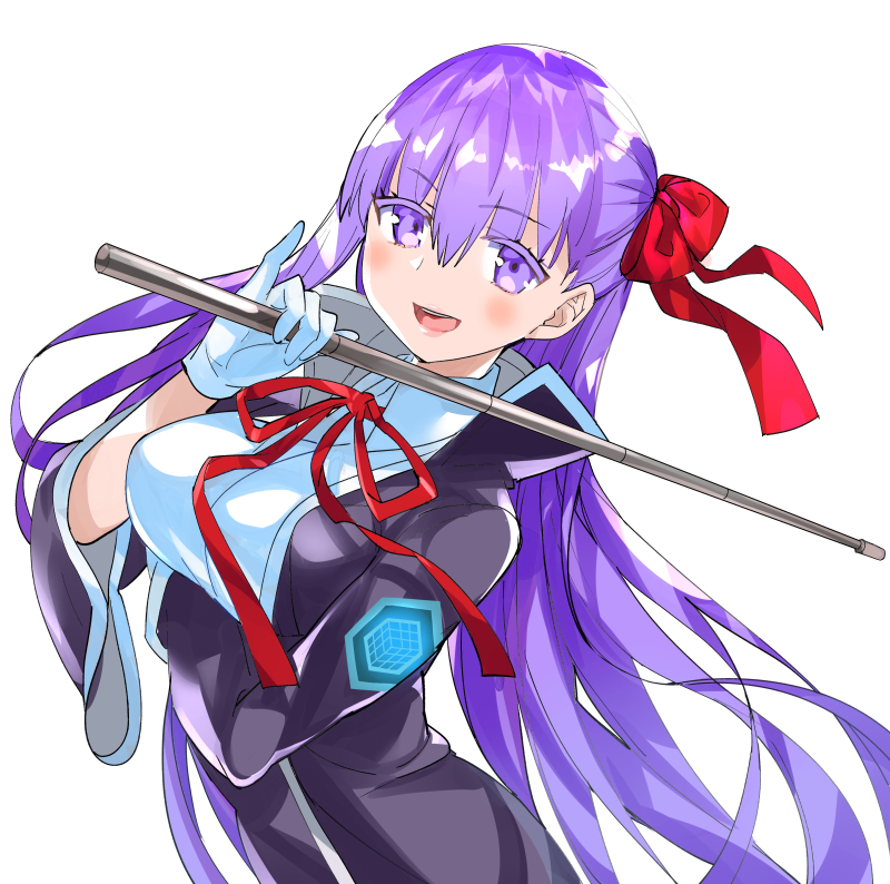 1girl bb_(fate) bb_(fate/extra) black_coat breasts coat fate/extra fate/extra_ccc fate/grand_order fate_(series) gloves hair_ribbon holding holding_wand large_breasts long_hair looking_at_viewer neck_ribbon popped_collar purple_eyes purple_hair red_ribbon ribbon riding_crop robina very_long_hair wand white_gloves
