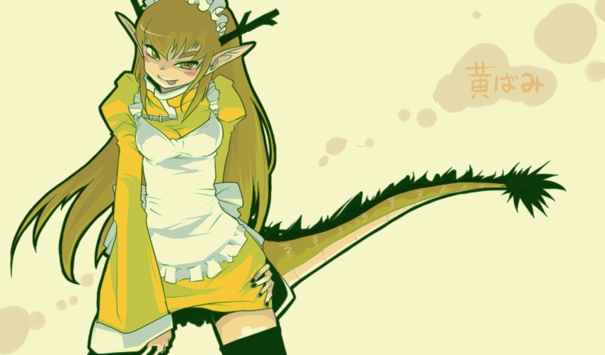 1girl :p apron blonde_hair blush character_name china_dress chinese_clothes dragon_girl dragon_horns dragon_tail dress female_focus futaba_channel hand_on_own_hip horns kouryuu_(nijiura_maids) looking_at_viewer maid_headdress monster_girl nijiura_maids oso_(toolate) pointy_ears puffy_sleeves short_dress solo tail thighhighs tongue tongue_out translated waitress yellow_dress yellow_eyes zettai_ryouiki