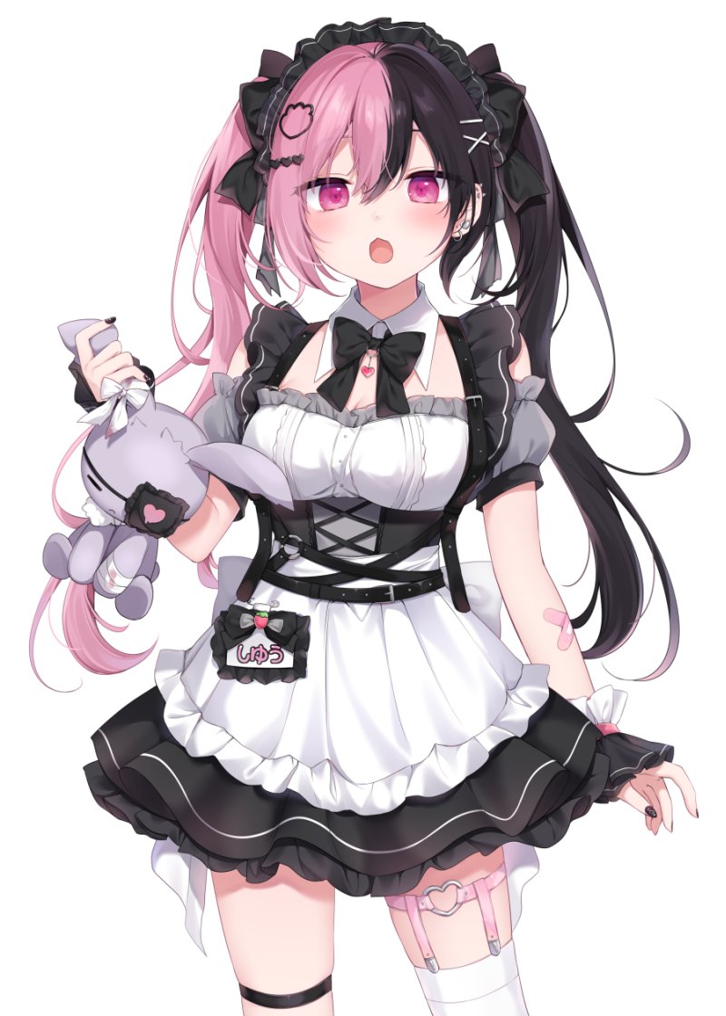 1girl amashiro_natsuki apron black_bow black_dress black_hair black_nails bow breasts cleavage commentary detached_sleeves dress eyepatch frilled_apron frills grey_sleeves hair_bow hair_ornament hairclip heart heart_hair_ornament heart_o-ring holding holding_stuffed_toy long_hair looking_at_viewer medium_breasts milky_suicide multicolored_hair nail_polish nakaoka_shiyuu o-ring open_mouth pink_hair puffy_short_sleeves puffy_sleeves purple_eyes short_sleeves simple_background single_thighhigh skindentation sleeveless sleeveless_dress solo stuffed_animal stuffed_rabbit stuffed_toy symbol-only_commentary thigh_strap thighhighs twintails two-tone_hair very_long_hair virtual_youtuber white_apron white_background white_thighhighs wrist_cuffs x_hair_ornament