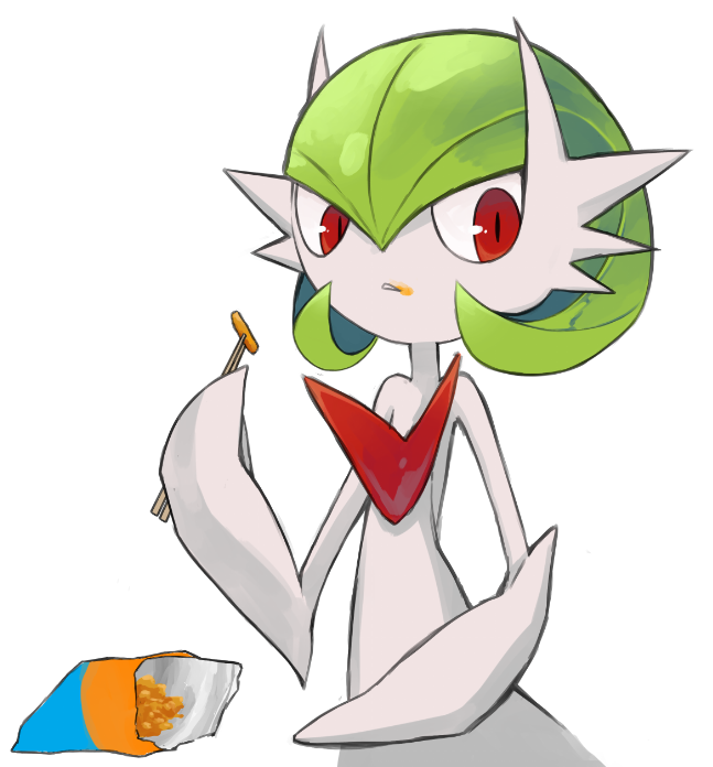 bag_of_chips bob_cut cheetos chopsticks colored_skin dmt_(auburn) dress food food_on_face gardevoir gen_3_pokemon green_hair holding holding_chopsticks mega_gardevoir mega_pokemon nintendo parted_lips pokemon pokemon_(creature) red_eyes simple_background strapless strapless_dress white_background white_dress white_skin