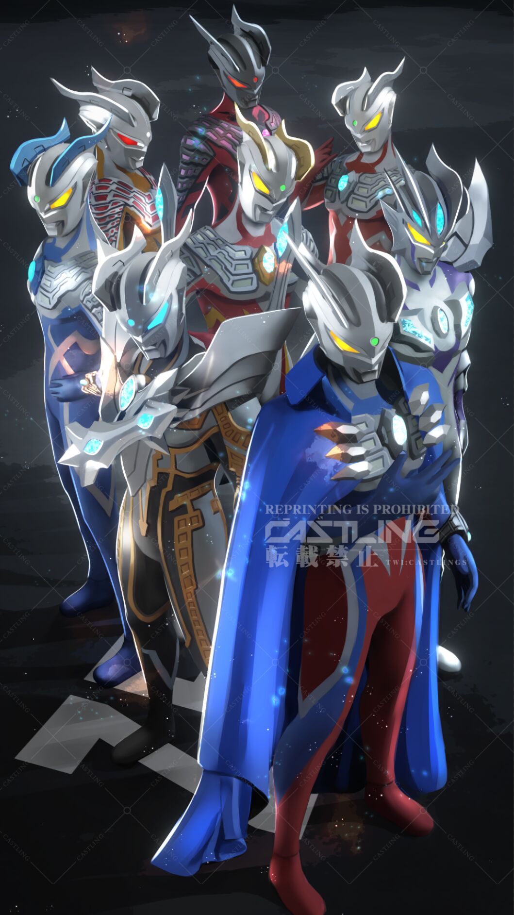 2boys \m/ alien arm_blade armor artist_name black_background black_skin blue_cape blue_eyes blue_gemstone blue_skin breastplate cape castlings chinese_text color_timer colored_skin commentary copyright_notice dark_persona darklops_zero doppelganger english_text eye_slugger facial_mark forehead_jewel full_body gem glowing glowing_eyes gold_skin gold_trim green_gemstone grey_skin hand_up highres looking_ahead looking_up mixed-language_text multicolored_skin multiple_boys multiple_forms muscular muscular_male no_pupils official_alternate_color one-eyed orange_eyes pectorals pointy_ears purple_skin red_eyes red_gemstone red_skin shining_ultraman_zero shoulder_armor silver_skin spikes standing tokusatsu ultimate_zero ultra_bracelet_(ultraman_zero) ultra_galaxy_(series) ultra_galaxy_fight:_the_absolute_conspiracy ultra_galaxy_fight:_the_destined_crossroad ultra_series ultraman_geed_(series) ultraman_zero ultraman_zero_(luna-miracle_zero) ultraman_zero_(strong-corona_zero) ultraman_zero_beyond ultraman_zero_darkness ultraman_zero_vs._darklops_zero ultraman_zero_wildburst watermark weapon yellow_eyes