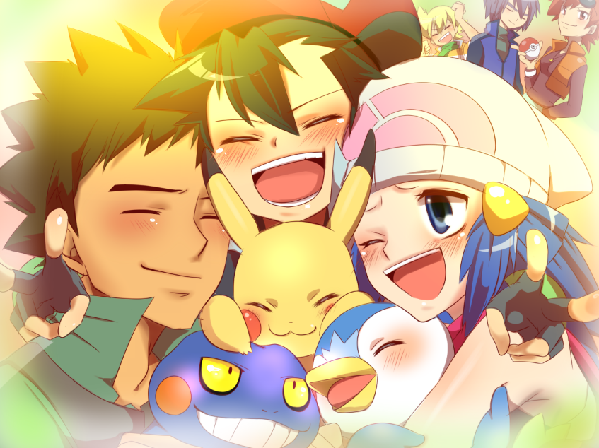 2girls 4boys ash_ketchum barry_(pokemon) black_eyes black_hair blonde_hair blue_eyes blue_hair blush breasts brock_(pokemon) brown_hair closed_eyes closed_mouth colored_sclera commentary croagunk dawn_(pokemon) fingerless_gloves gen_1_pokemon gen_4_pokemon gloves hair_ornament hairclip hat jacket long_hair multiple_boys multiple_girls nekonekopunyann nintendo open_mouth paul_(pokemon) pikachu piplup poke_ball poke_ball_(basic) pokemon pokemon_(anime) pokemon_(creature) pokemon_dppt_(anime) purple_hair red_hair scarf smile v yellow_sclera zoey_(pokemon)