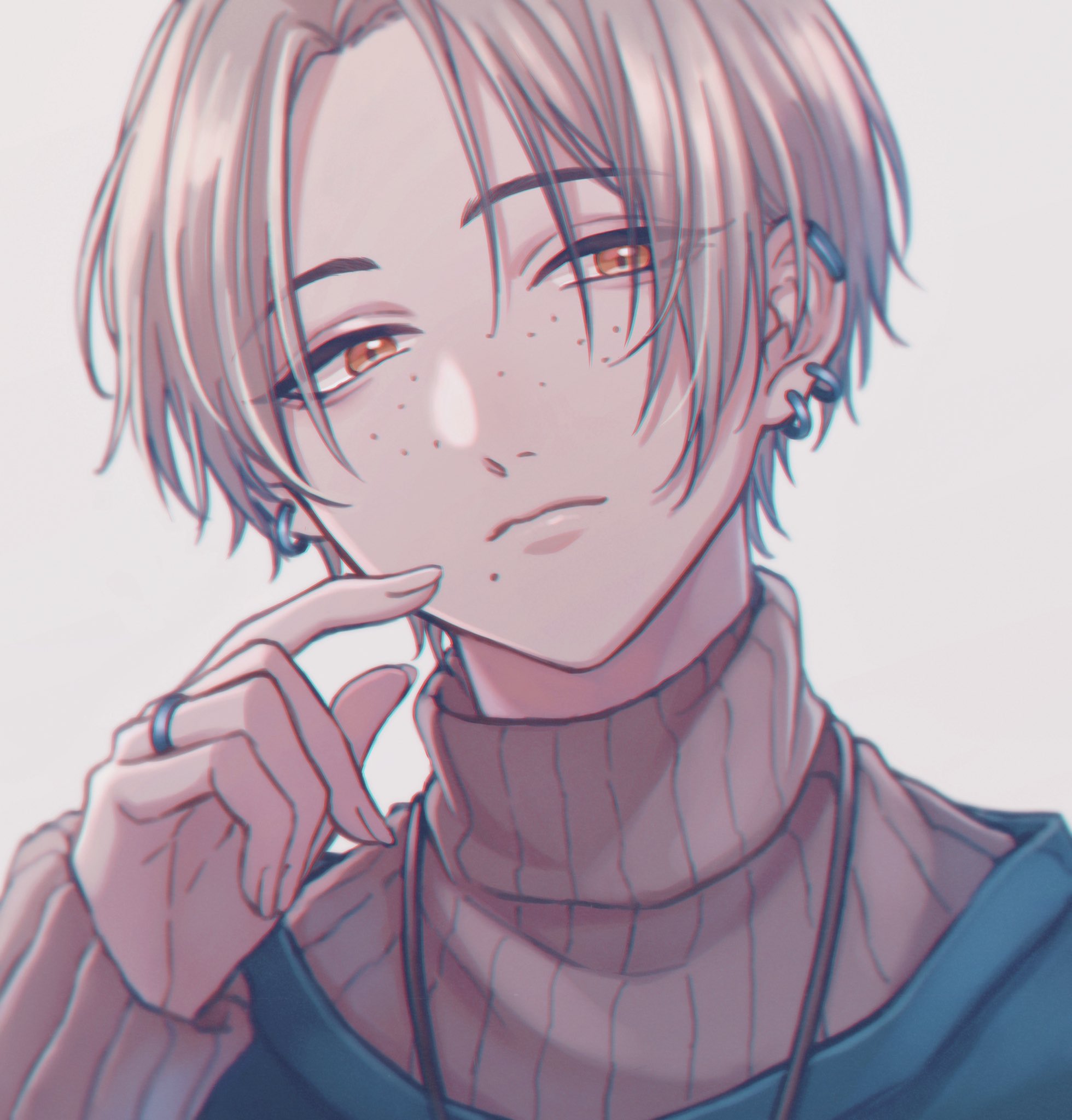 1boy blue_shirt bob_cut brown_eyes brown_hair brown_sweater closed_mouth curtained_hair earrings freckles hand_on_own_cheek hand_on_own_face highres hoop_earrings jewelry lips looking_to_the_side male_focus mole mole_under_mouth moxamog necklace original ring shirt short_hair simple_background sweater white_background
