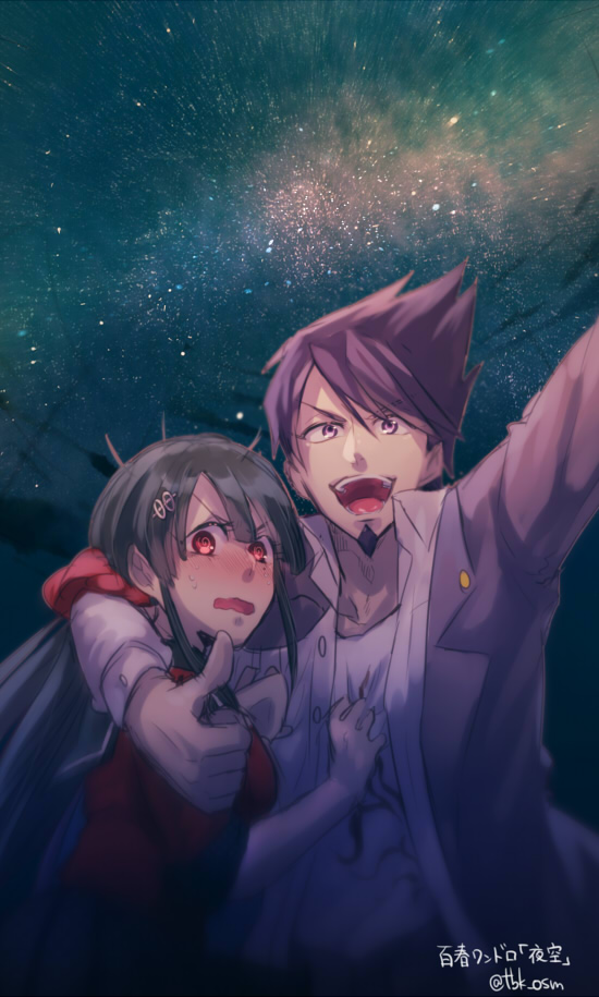 1boy 1girl beard black_hair blush danganronpa_(series) embarrassed facial_hair goatee hair_ornament hairclip harukawa_maki kamuinii long_hair mole mole_under_eye momota_kaito danganronpa_v3:_killing_harmony open_mouth purple_eyes purple_hair red_eyes school_uniform serafuku shirt smile