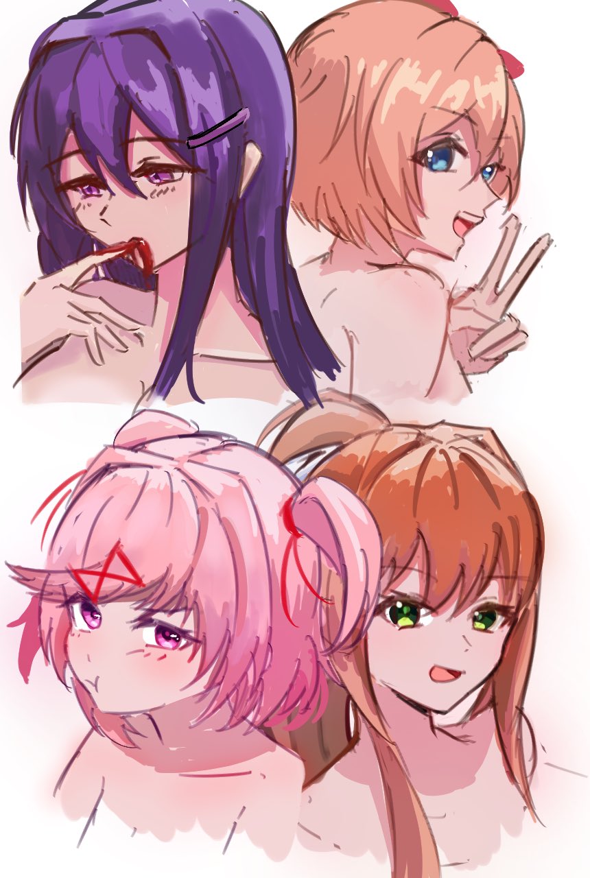 4girls :d :t blood blood_on_face blood_on_hands blue_eyes blush bob_cut bow breasts brown_hair collarbone commentary completely_nude cropped_torso doki_doki_literature_club finger_in_own_mouth finger_sucking green_eyes hair_between_eyes hair_bow hair_intakes hair_ornament hair_over_shoulder hair_ribbon hairclip highres large_breasts long_hair looking_back looking_to_the_side medium_breasts monika_(doki_doki_literature_club) multiple_girls natsuki_(doki_doki_literature_club) nude open_mouth pink_eyes purple_eyes purple_hair red_bow red_ribbon ribbon romaji_commentary sayori_(doki_doki_literature_club) short_hair simple_background sketch small_breasts smile swept_bangs teeth two_side_up upper_teeth_only v white_background white_bow white_ribbon x_hair_ornament yame_pi yuri_(doki_doki_literature_club)