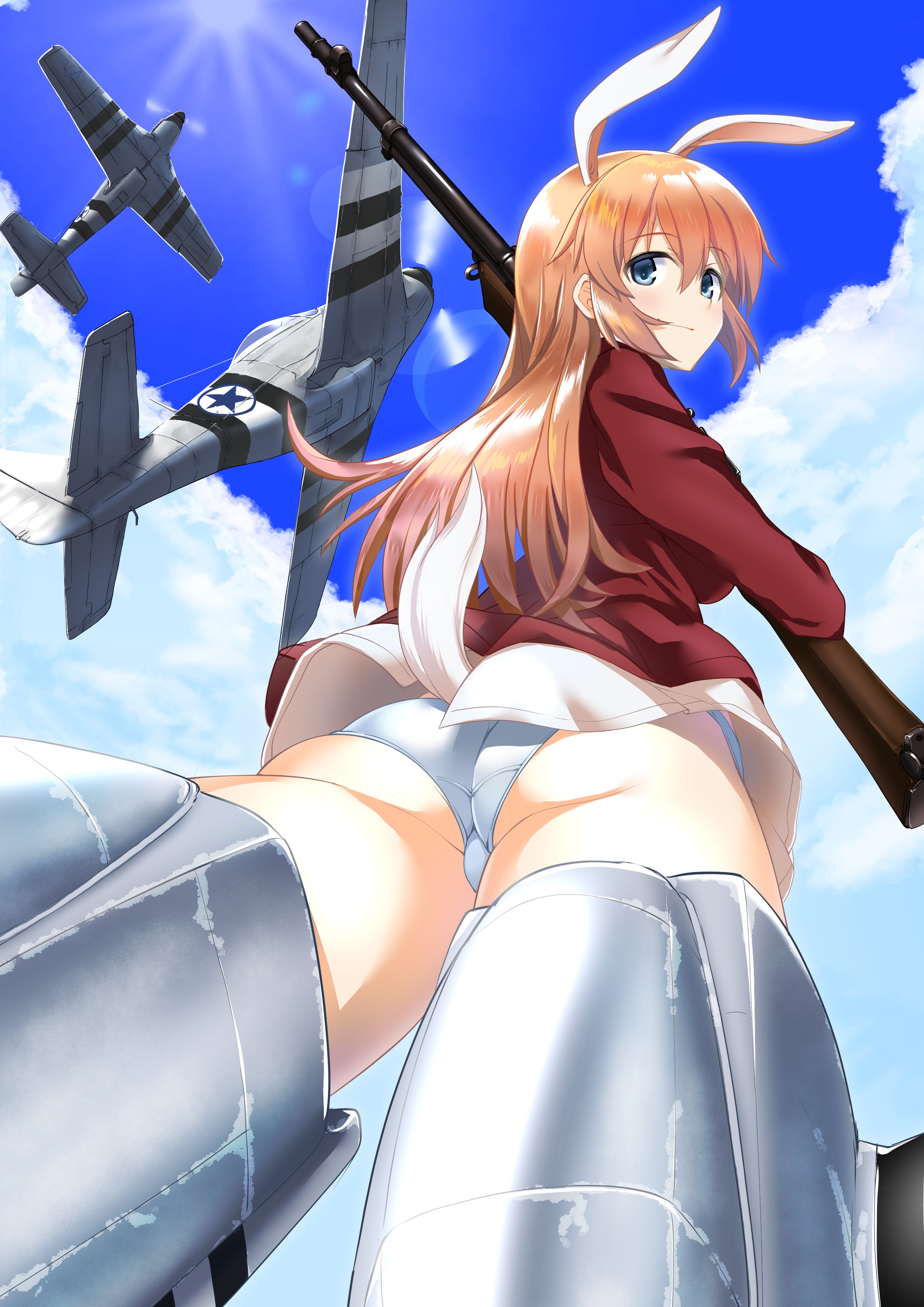 1girl a9b_(louis814) above_clouds absurdres airplane animal_ears ass blue_eyes blue_sky charlotte_e._yeager closed_mouth cloud commentary crotch_seam escort_fighter flying foreshortening from_behind gun highres holding holding_gun holding_weapon jacket lens_flare long_hair long_sleeves looking_at_viewer looking_back military military_uniform military_vehicle motion_blur no_pants orange_hair p-51_mustang panties propeller_fighter rabbit_ears rabbit_girl rabbit_tail red_jacket rifle roundel shirt sky smile solo strike_witches striker_unit tail underwear weapon white_panties white_shirt world_witches_series
