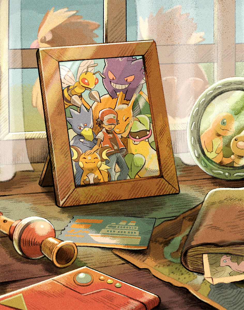 beedrill charizard charmander commentary_request curtains day gen_1_pokemon gengar golduck highres legendary_pokemon map matsuri_(matsuike) mew_(pokemon) mythical_pokemon nintendo no_humans photo_(object) pidgey poke_flute pokedex pokemon pokemon_(creature) pokemon_rgby raichu red_(pokemon) ticket victreebel weedle window