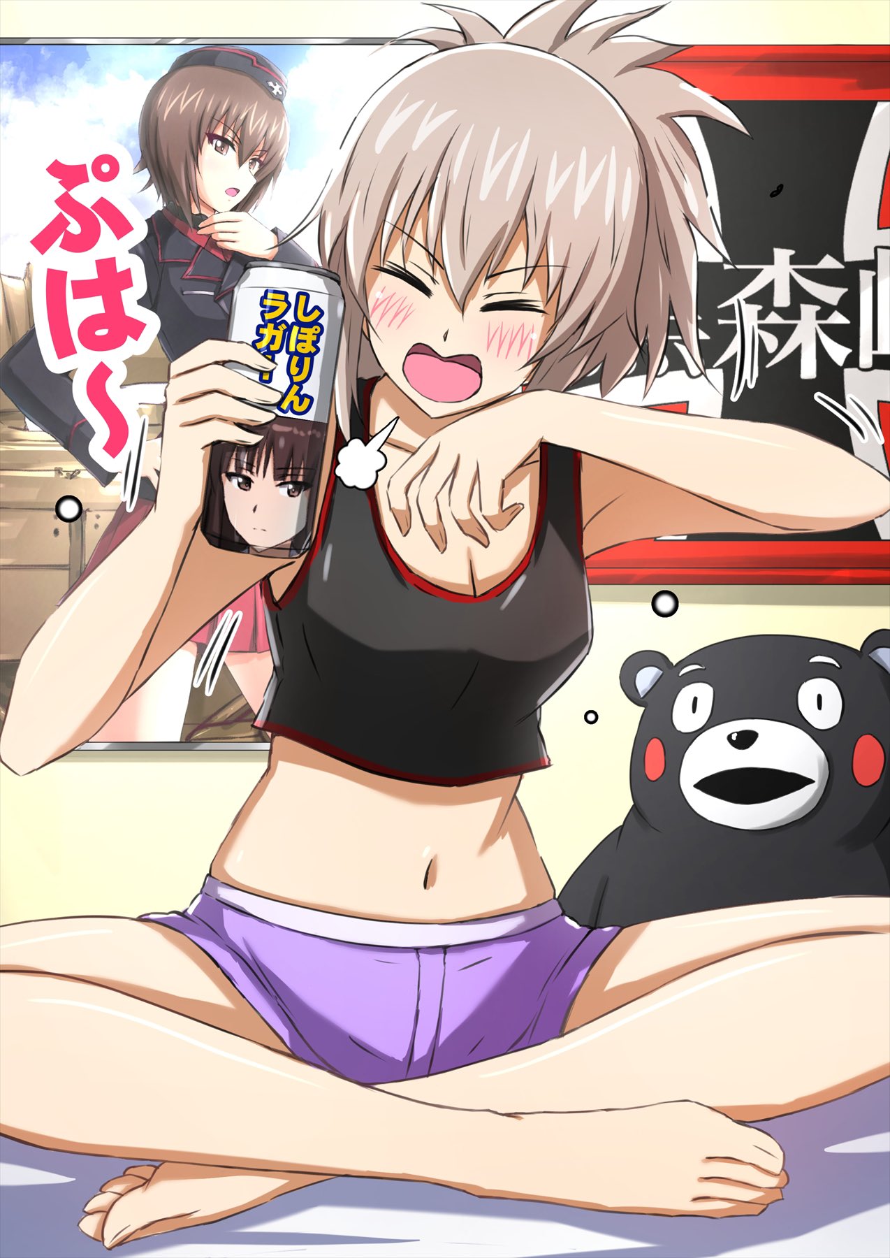 1girl alcohol barefoot bedroom beer black_shirt can closed_eyes commentary cropped_shirt emblem girls_und_panzer grey_hair hair_up highres holding holding_can indian_style indoors itsumi_erika kumamon kuromorimine_(emblem) kuromorimine_military_uniform loungewear medium_hair midriff motion_lines navel nishizumi_maho nishizumi_shiho omachi_(slabco) on_bed open_mouth ponytail poster_(object) puff_of_air purple_shorts shirt short_shorts shorts sitting sleeveless sleeveless_shirt smile solo stuffed_animal stuffed_toy teddy_bear translated