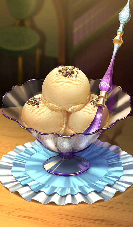 blurry blurry_background bowl chocolate commentary dessert fate/grand_order fate_(series) food food_focus ice_cream indoors no_humans official_art sherbet_glass spoon still_life table third-party_source triple_scoop vanilla xxxxay