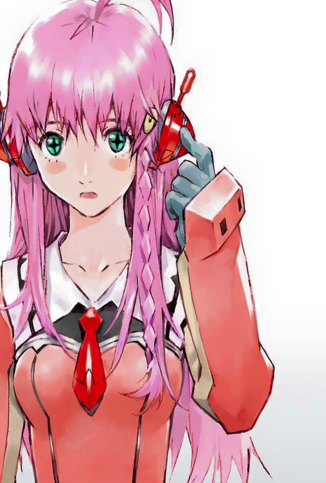 1girl gloves green_eyes long_hair looking_at_viewer necktie nono_(top_wo_nerae_2!) official_art pink_hair sadamoto_yoshiyuki scan simple_background solo top_wo_nerae! top_wo_nerae!_(series) top_wo_nerae_2!