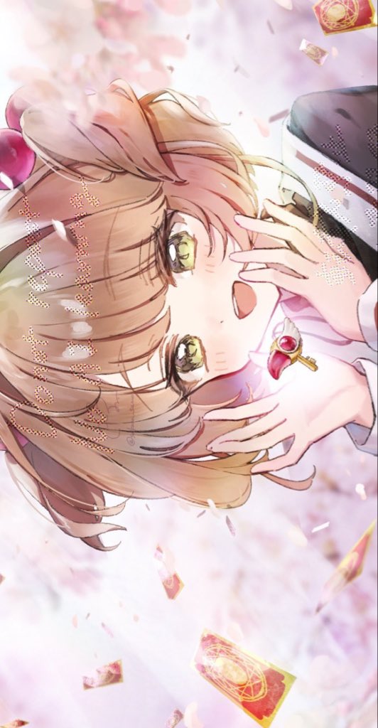 1girl blush brown_hair card cardcaptor_sakura close-up commentary_request floating_card green_eyes key kinomoto_sakura long_sleeves magical_girl open_mouth sakana_samo school_uniform short_hair smile solo twintails