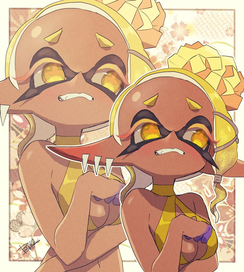 blonde_hair breasts colored_extremities colored_eyelashes dark-skinned_female dark_skin earrings fangs frye_(splatoon) inkling isamu-ki_(yuuki) jewelry nintendo pointy_ears short_eyebrows splatoon_(series) splatoon_3 tentacle_hair yellow_eyes
