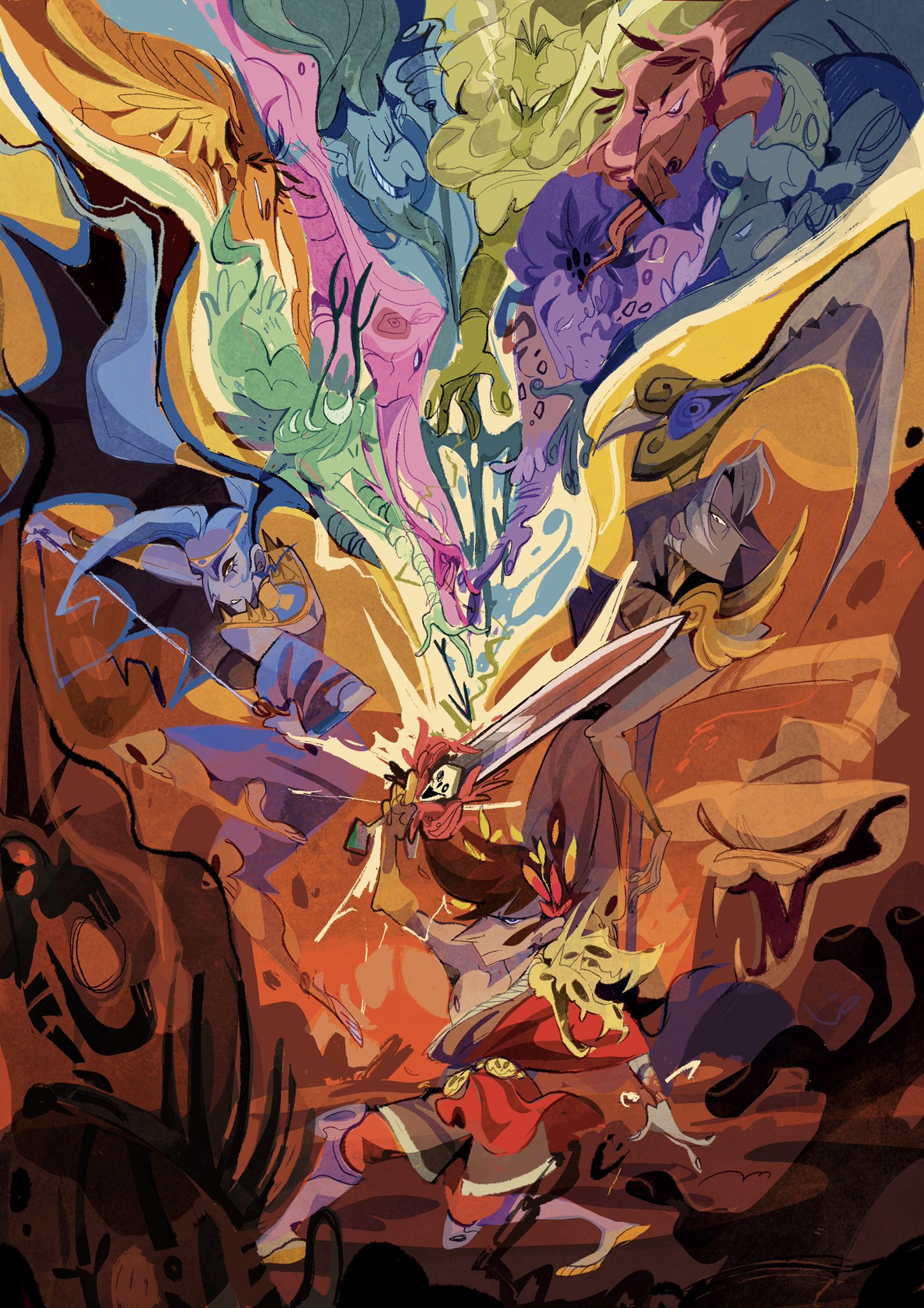 1girl 2boys aphrodite_(hades) ares_(hades) arm_up artemis_(hades) athena_(hades) commentary dionysus_(hades) english_commentary full_body greco-roman_clothes hades_(series) highres holding holding_sword holding_weapon laurel_crown magic megaera_(hades) miuriine multiple_boys poseidon_(hades) red_tunic skull_pauldron solo_focus standing sword thanatos_(hades) tunic weapon zagreus_(hades) zeus_(hades)