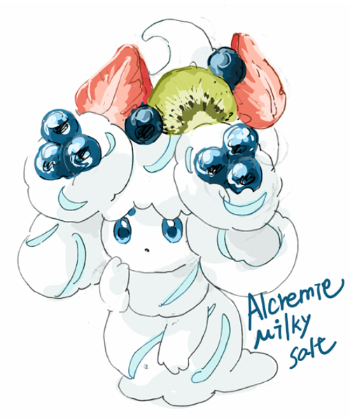 1girl :o alcremie alcremie_(berry_sweet) alcremie_(salted_cream) blue_eyes blueberry cc8nw42u15apug0 character_name colored_skin food fruit full_body gen_8_pokemon hair_ornament kiwi_(fruit) long_hair looking_at_viewer nintendo open_mouth pokemon pokemon_(creature) simple_background solo strawberry white_background white_hair white_skin