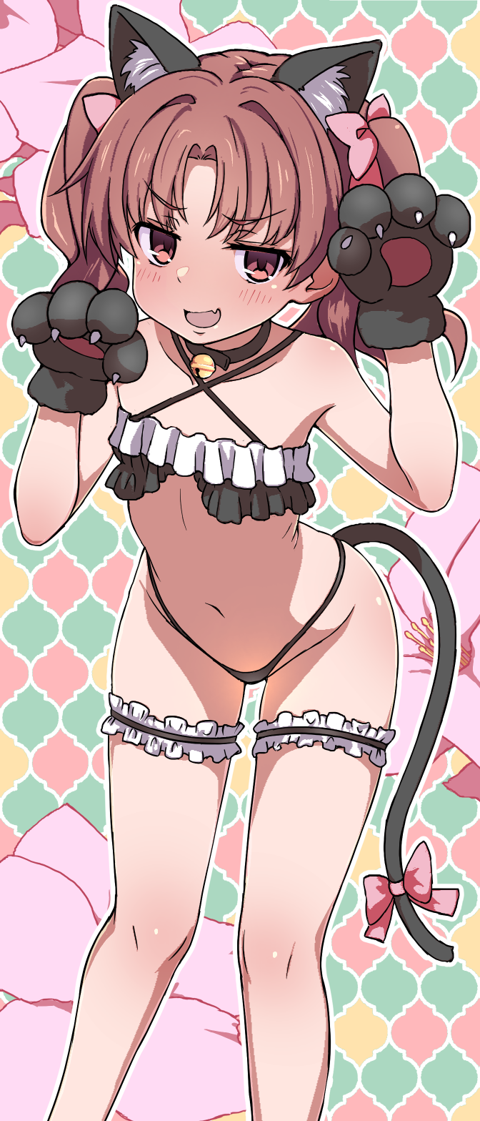 1girl animal_ears animal_hands bell bikini black_bikini bow breasts brown_eyes brown_hair cat_ears cat_tail commentary_request criss-cross_halter fake_animal_ears fake_tail fang frilled_thigh_strap gloves hair_bow halterneck highres long_hair mikokoro_(konata_arctica) navel neck_bell paw_gloves paw_pose red_bow shirai_kuroko simple_background skin_fang small_breasts solo swimsuit tail thigh_strap toaru_kagaku_no_railgun toaru_majutsu_no_index twintails